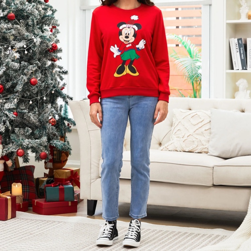 Disney Women Mickey and Minnie Christmas Character Print Sweatshirt Red